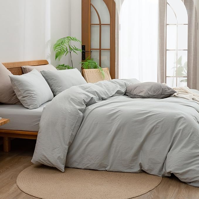 BESTOUCH Duvet Cover Set 100% Washed Cotton Linen Feel Super Soft Comfortable Chic Lightweight 3 PCs Home Bedding Set Solid Northern Droplet Grey Alaska King