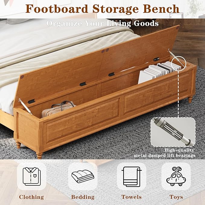 KEIKI King Size Bed Frame with Storage Bench, Solid Wood Sleigh Bed with High Headboard and 64" Storage Chest, Rubberwood Platform Bed, No Box Spring Required, Natural