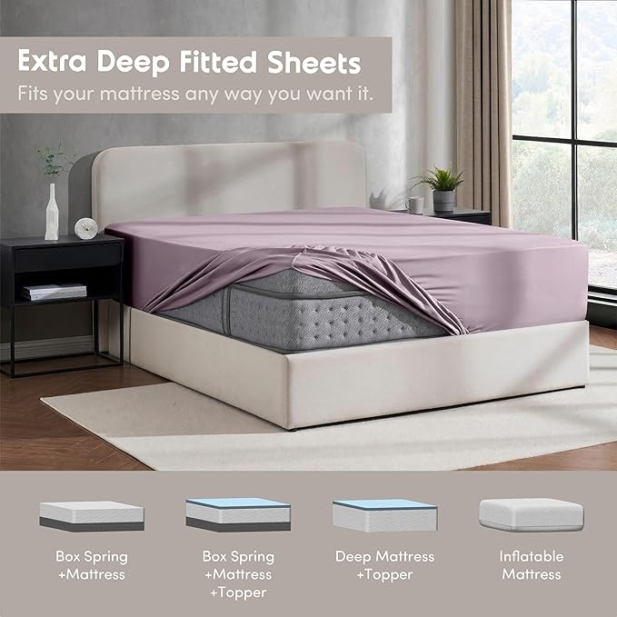 Nestl 4 Pack Grayish Purple Fitted Sheet Extra Deep Pocket, Hotel Luxury QueenFitted Sheet Only Easily Fits 18 to 24 Inch Mattress, Super Soft, Wrinkle-Free and Breathable with Corner Straps