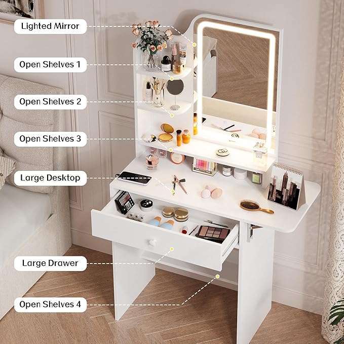 Haewon Small Vanity Desk with Mirror and Lights, Makeup Vanity with Charging Station, Compact Dressing Table Set with Storage Chair, Drawer and Shelves for Bedroom, White