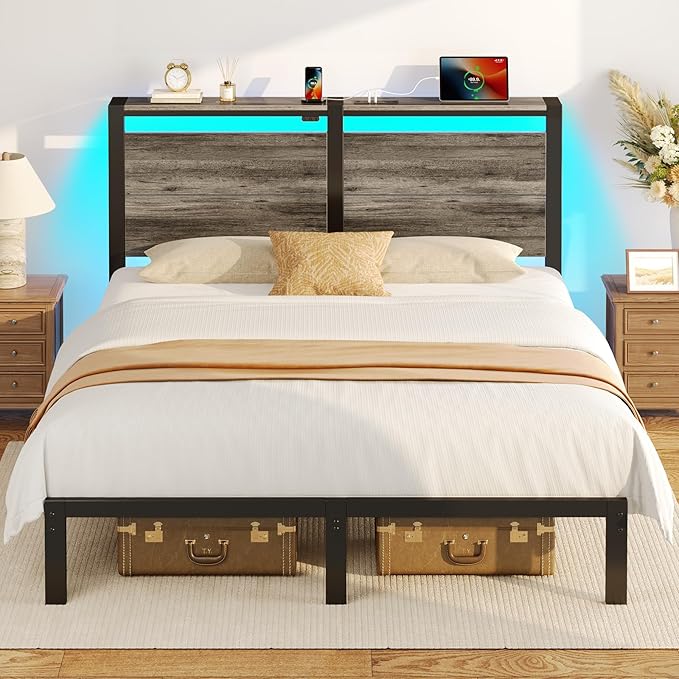 Rolanstar Full Size Bed Frame with Charging Station, LED Full Bed Frame with Wood Storage Headboard, Platform Bed with Metal Slats & Under Bed Storage, No Box Spring Needed, Noise Free, Deep Grey