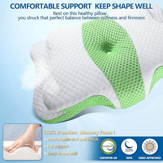 CHxxy Memory Foam Pillows, Cervical Pillow for Neck and Shoulder Pain Relief, Ergonomic Contour Bed Pillow, Soft for Side Sleep Stomach Sleeping and Back Sleeper-Queen Size&Green