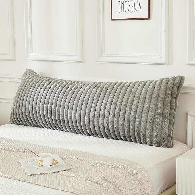 JAUXIO Faux Fur Fluffy Body Pillow Cover Luxury Textured Vertical Stripe Plush Decorative Body Pillowcase, Ultra Soft and Cozy Zipper Closure 21 x 54 Inches, Light Grey