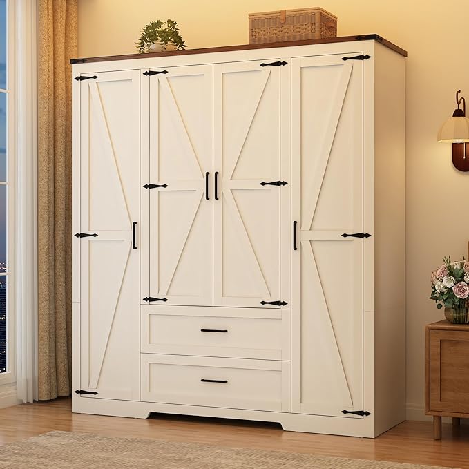 St.Mandyu Farmhouse Wardrobe Armoire Closet with 4 Doors and 2 Drawers, 70.1" Wooden Clothing Storage Cabinet, Freestanding Large Capacity Storage Wardrobe Armoire with Hanging Rod for Bedroom, White