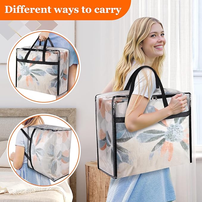 TasticTotes 4 Pack Clear Storage Bags for Comforter, Clothes & Bedding, Plastic Blanket Storage with Zipper and Handle, Moving Bags, Closet Organizer and Under-Bed Storage (90L)