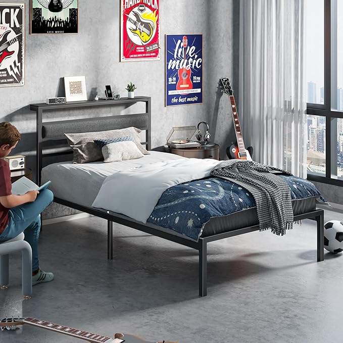 OURPIC Twin Bed Frames for Kids, Metal Platform Bed Frame Twin Size with Charging Station and LED Lights, Upholstered Headboard and Storage Shelf, No Box Spring Needed, Easy Assembly