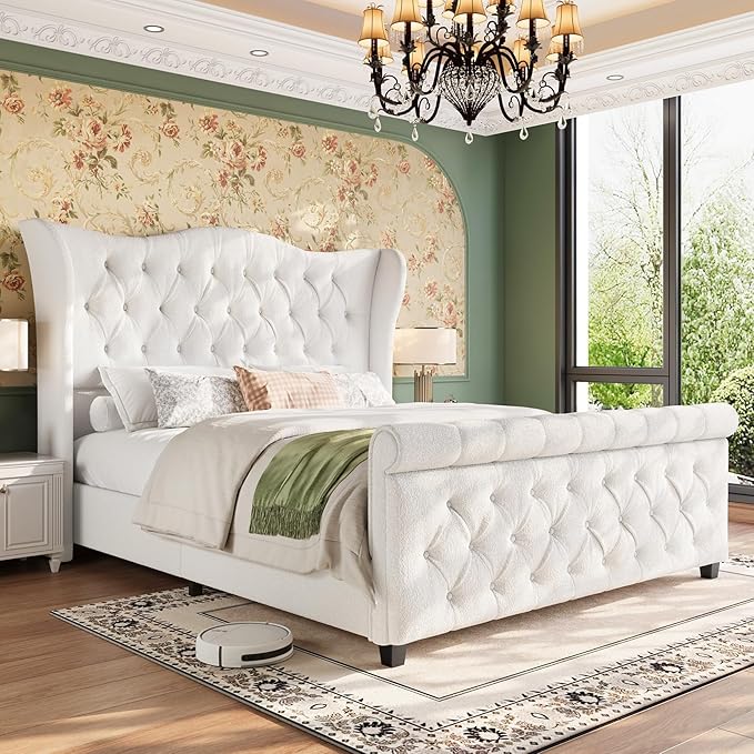 koorlian Queen Size Bed Frame,Chenille Upholstered Sleigh Bed with Scroll Wingback Headboard & Footboard,Luxury & Soft Button Tufted Queen Modern Bed,Easy Assembly,No Box Spring Needed