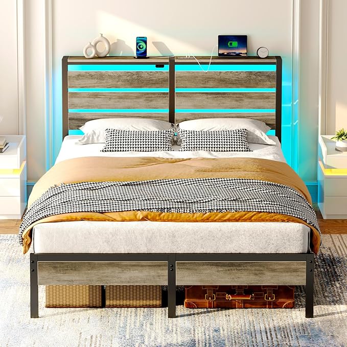 Rolanstar Bed Frame Queen Size with USB Charging Station, LED Bed Frame with Wood Storage Headboard, Light Grey Metal Platform Bed with Under Bed Storage, No Box Spring Needed, Noise Free