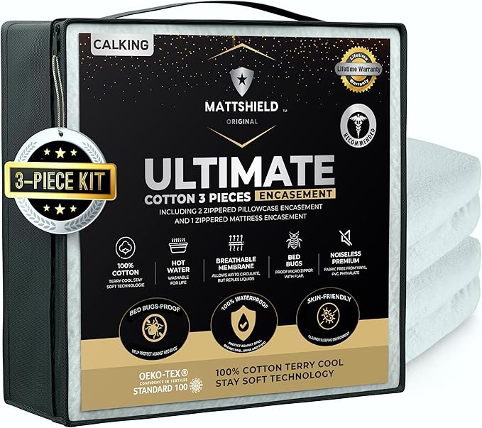 MATTSHIELD Ultimate 3-Piece Kit - Bed Bug-Proof Mattress Cover Calif King 100% Cotton Top + 2 Queen Pillow Protectors with Zipper - 6 Sided Waterproof Encasement, Total Defense Kit