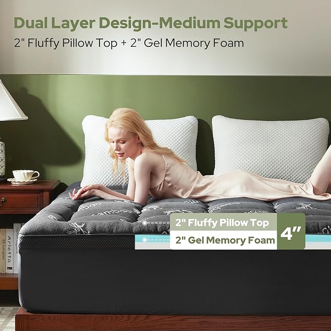 BEDLORE 4 Inch Memory Foam Mattress Topper Twin XL,2-in-1 Dual Layer Design (2" Gel Memory Foam + 2" Plush Pillow Top Cover) Mattress Topper Medium-Firm,Pressure Relief & Back Pain Support(Dark Gray)