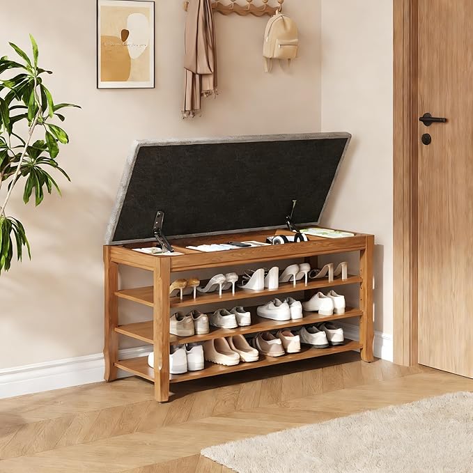 SolidWood Entryway Shoe Storage Bench, Flip-Top Soft-Close Lid, Adjustable Shelves, Cushioned Entryway Shoe Rack Organizer,Hallway, Closet, Foyer 39.4''