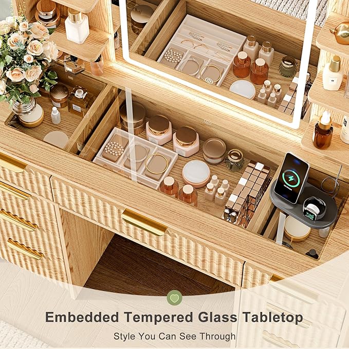 43" Makeup Vanity Desk with Mirror and Lights&Power Outl, 3 Adjustable Light Color,Glass Top Big Vanity Table with 9 Drawers & 6 Shelves,Girls Vanity for Bedroom, Oak