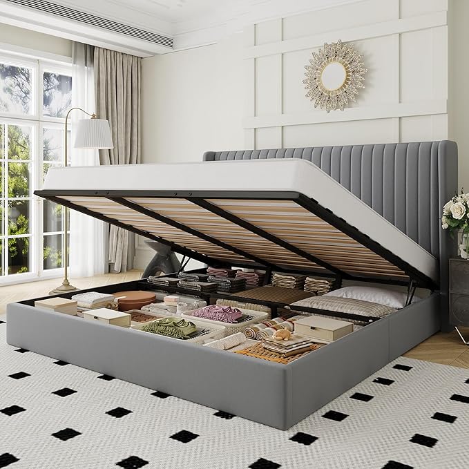 Allewie King Size Lift Up Storage Bed Frame, Hydraulic Support System, Upholstered Platform Bed Frame, Underneath Storage, Vertical Channel Tufted Headboard with Wingback, No Box Spring Needed, Grey