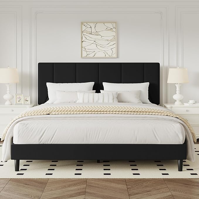 Queen Bed Frame, Padded Platform Bed Frame with Velvet Headboard, Vertical Quilted Design, Sturdy Slatted Mattress Base, No Spring Mattress Required, Easy to Assemble, Black