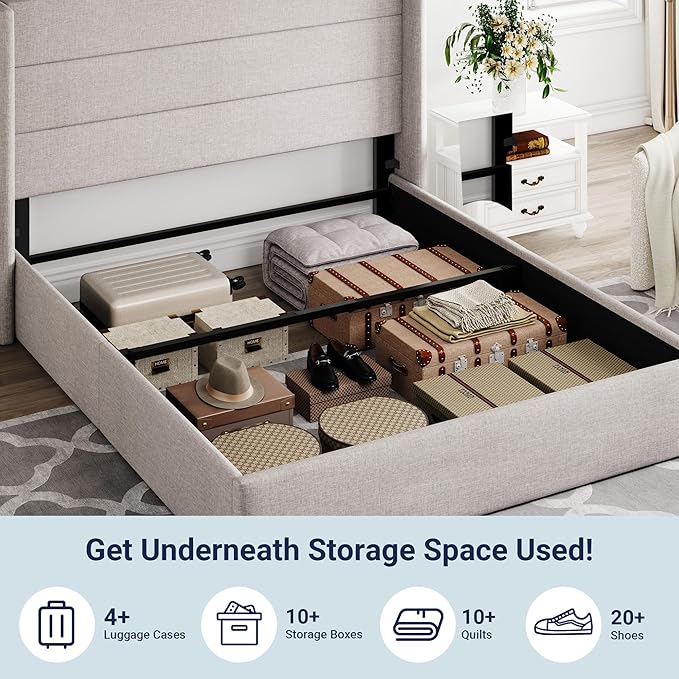 Allewie Queen Size Lift Up Storage Bed, Modern Wingback Headboard, Hydraulic Support, No Box Spring Needed, Light Beige