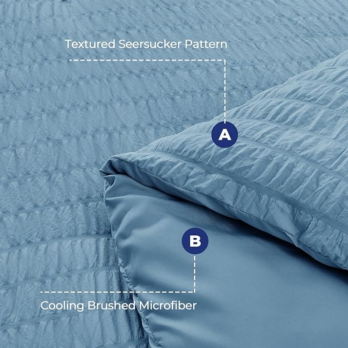 HYMOKEGE Mineral Blue Duvet Cover King Size, Ultra Soft 3-Piece Seersucker Duvet Cover Set with Zipper Closure, Soft Brushed Microfiber Bedding Set with 8 Corner Ties (104"x90", 2 Pillowshams)