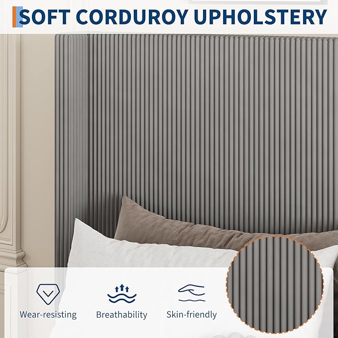 IDEALHOUSE Queen Size Upholstered Platform Bed Frame with Storage Drawers, Corduroy Wingback with Tufted Headboard and Footboard, No Box Spring Needed, Grey
