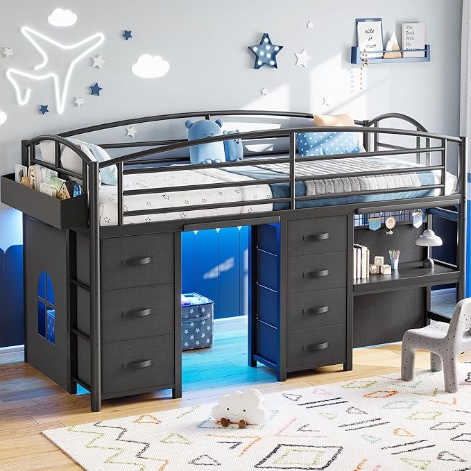 Low Loft Bed Twin Size with 7 Storage Drawers, Desk and LED Lights, Heavy Duty Metal Kids Loft Bed with 12" H Safety Guardrail, Anti-Collision Pad, Private Play Curtain, Under-Bed Play Space - Black