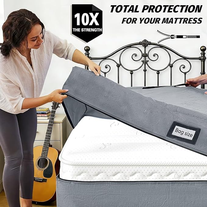 Mattress Bags for Moving and Storage, BETU Waterproof Mattress Protector Twin XL Mattress Cover for College Dorm Essential with 8 Heavy Duty Handles and Zipper Thick Moving Supplies (82x42x13.5 Grey)