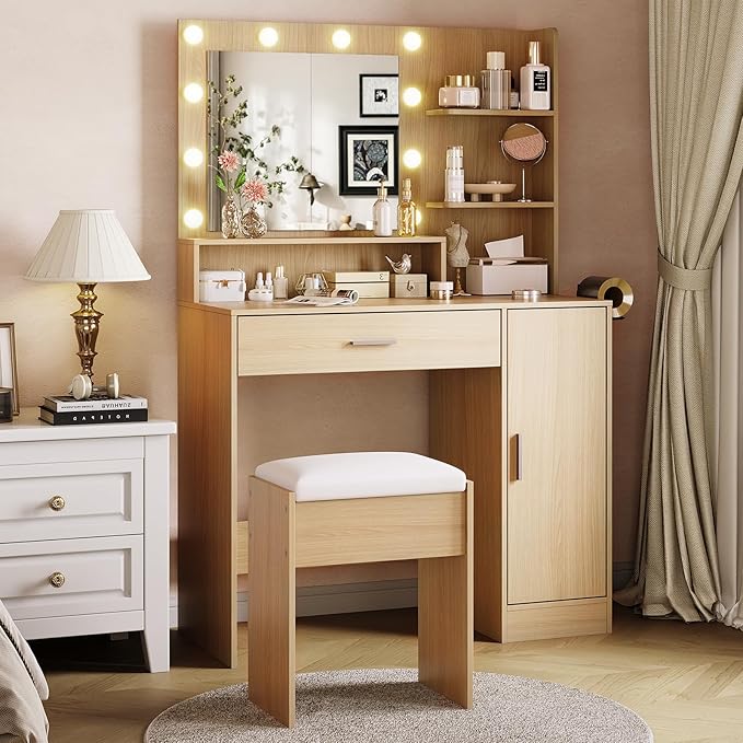 Garvee Vanity Desk with Mirror and Light, Makeup Dressing Table with Large Drawers and 3-Level Storage Dresser, 3 Lighting Modes Adjustable Brightness, Modern Vanity Set for Bedroom, Natural