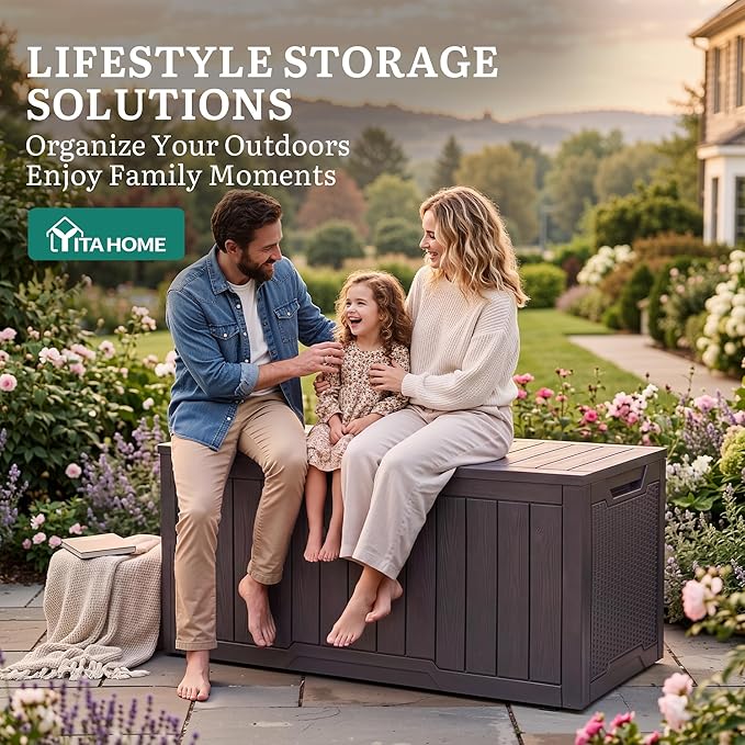 YITAHOME 100 Gallon Large Outdoor Deck Box, Waterproof Resin Storage Box, Lockable Indoor Outdoor Storage Container for Patio Furniture Cushions, Pool Accessories, Garden Tools, Dark Brown