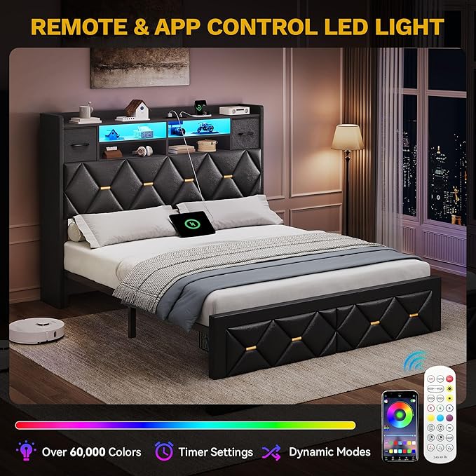 YITAHOME Full Size Bed Frame with 2 Storage Drawers and Storage Headboard, Upholstered Platform with Charging Station and LED Light, No Box Spring Needed, Noise Free, Easy Assembly, PU Leather Black