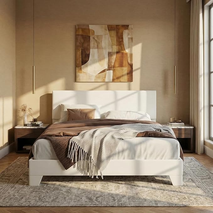 SHA CERLIN Full Size Bed Frame with Adjustable Headboard, Faux Leather Upholstered Platform Bed with Wood Slats, Stable Mattress Foundation,No Box Spring Needed, Off-White