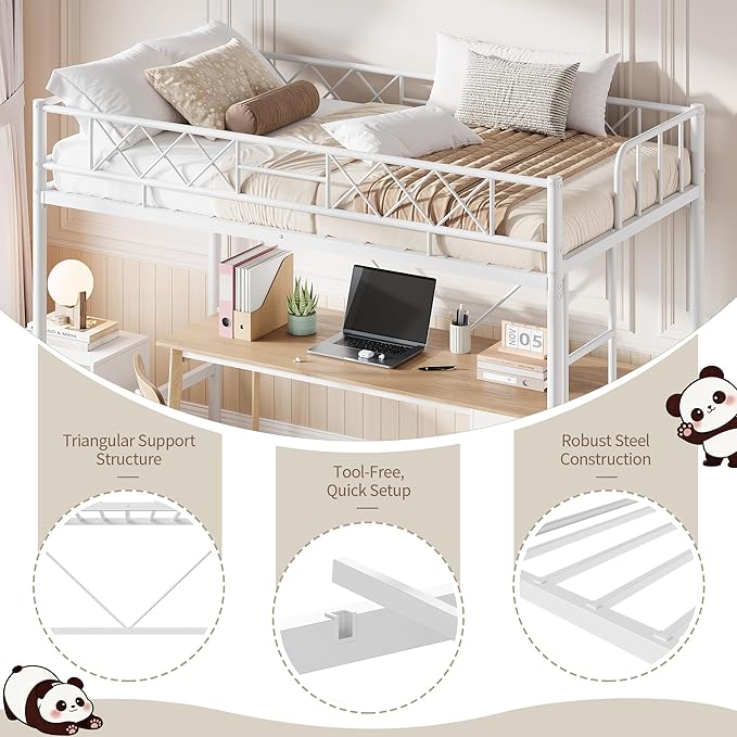 Garvee Loft Bed Twin Size for Teens & Adults, Metal Loft Frame with Safety Guardrail & Flat Ladder Rung, Heavy Duty Steel Slats, Space Saving Design, No Box Spring, White