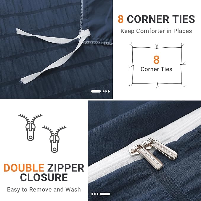 HYMOKEGE Navy Blue Duvet Cover Queen Size, Ultra Soft 3-Piece Seersucker Duvet Cover Set with Zipper Closure, Soft Brushed Microfiber Bedding Set with 8 Corner Ties (90"x90", 2 Pillowshams)