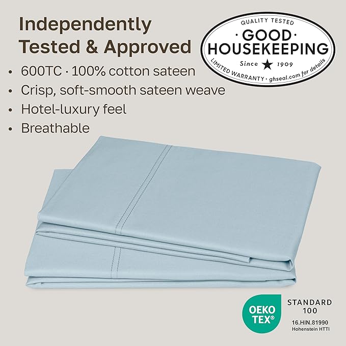 California Design Den Queen Size Pillow Cases Set of 2 - Premium 600 Thread Count, 100% Cotton Queen Pillow Covers, Breathable Sateen, Fits Standard & Queen Pillows - Sea Mist Blue