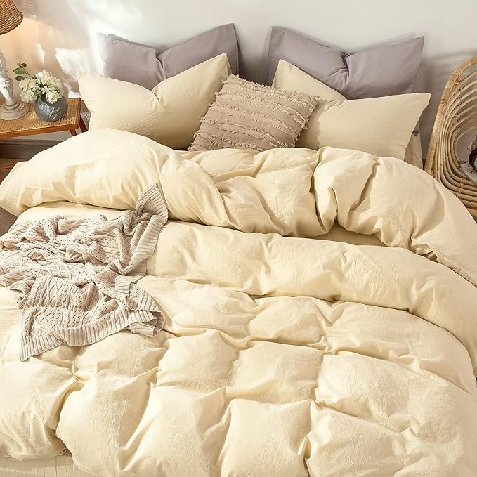 MooMee Bedding Duvet Cover Set 100% Washed Cotton Linen Like Textured Breathable Durable Soft Comfy (Heathered Light Yellow, King 104"x90")