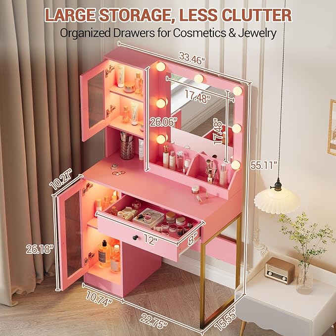 IDEALHOUSE Makeup Vanity Desk with Mirror and Lights, Vanity Table with Charging Station, 2 Open Compartments, 2 Acrylic-Door Cabinets, and RGB Lights Wood Dressing Table for Bedroom