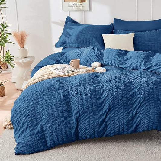HYMOKEGE Teal Duvet Cover King Size, Ultra Soft 3-Piece Seersucker Duvet Cover Set with Zipper Closure, Soft Brushed Microfiber Bedding Set with 8 Corner Ties (104"x90", 2 Pillowshams)