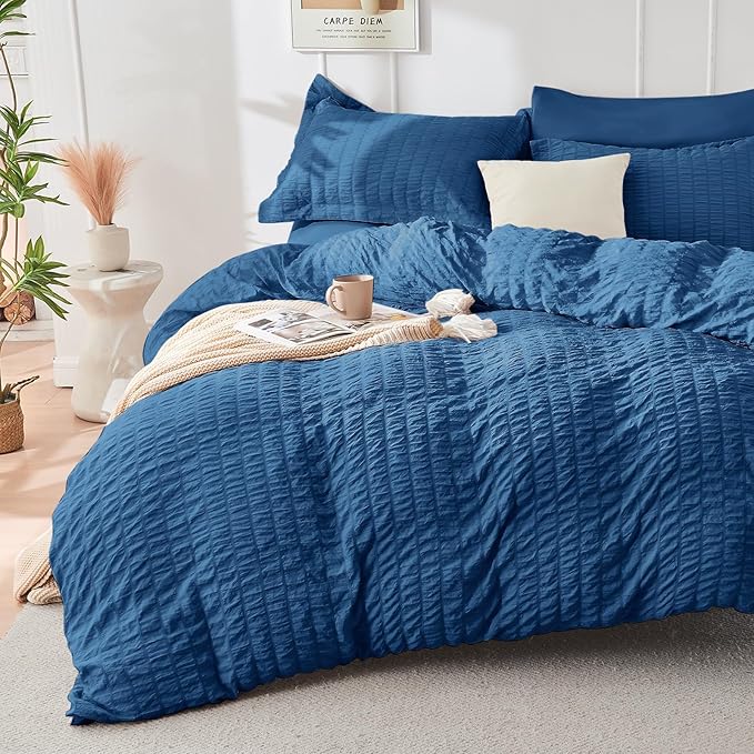 HYMOKEGE Teal Duvet Cover Full Size, Ultra Soft 3-Piece Seersucker Duvet Cover Set with Zipper Closure, Soft Brushed Microfiber Bedding Set with 8 Corner Ties (80"x90", 2 Pillowshams)
