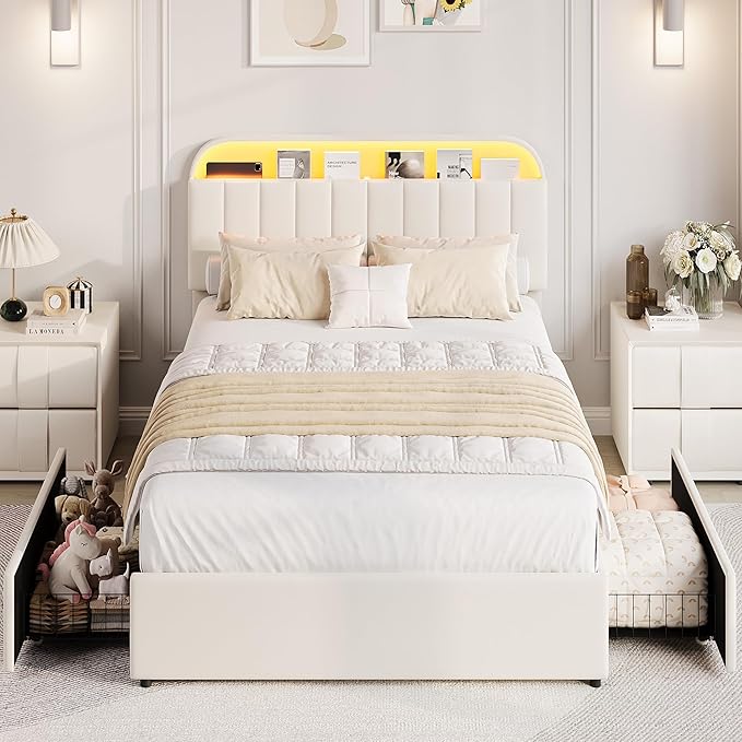 GarveeHome Full Bed Frame with Storage Headboard, Kids Bed Frame with 2 Drawers, Velvet Upholstered Platform Bed Frame with Lights, No Box Spring Needed, Easy Assembly, Velvet White