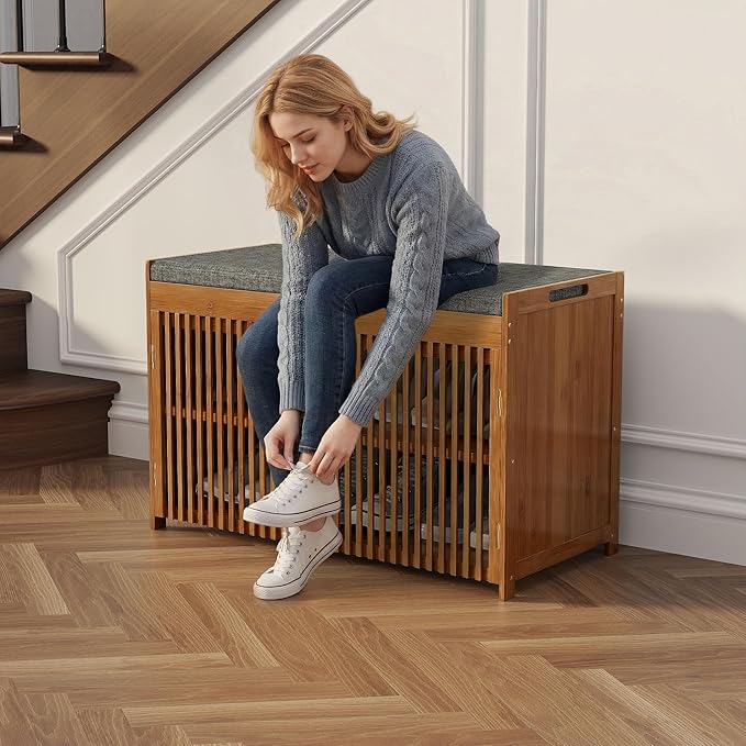 WISUCART Shoe Storage Bench with Cushion Seat, Bamboo Entryway Shoe Rack Bench, 2-Tier Shoe Organizer for Entryway, Bedroom, Hallway, Living Room, Holds Up to 330 lbs, Brown