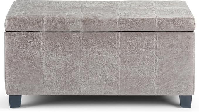 SIMPLIHOME Dover Storage Ottoman Bench - 36 inch Wide Upholstered Vegan Leather Rectangular Lift-Top Ottoman in Distressed Grey Taupe, Contemporary Bench for Living Room with Safety Hinges