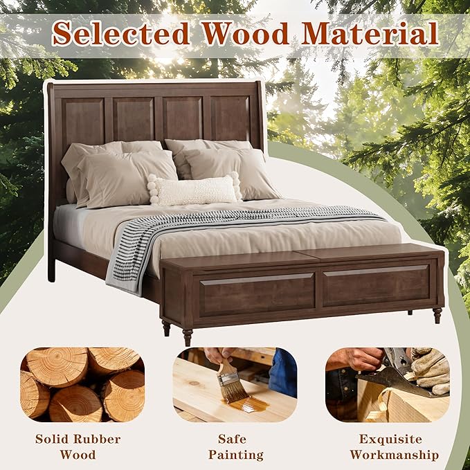 KEIKI Queen Size Bed Frame with Storage Bench, Solid Wood Sleigh Bed with High Headboard and 64" Storage Chest, Rubberwood Platform Bed, No Box Spring Required, Walnut Brown