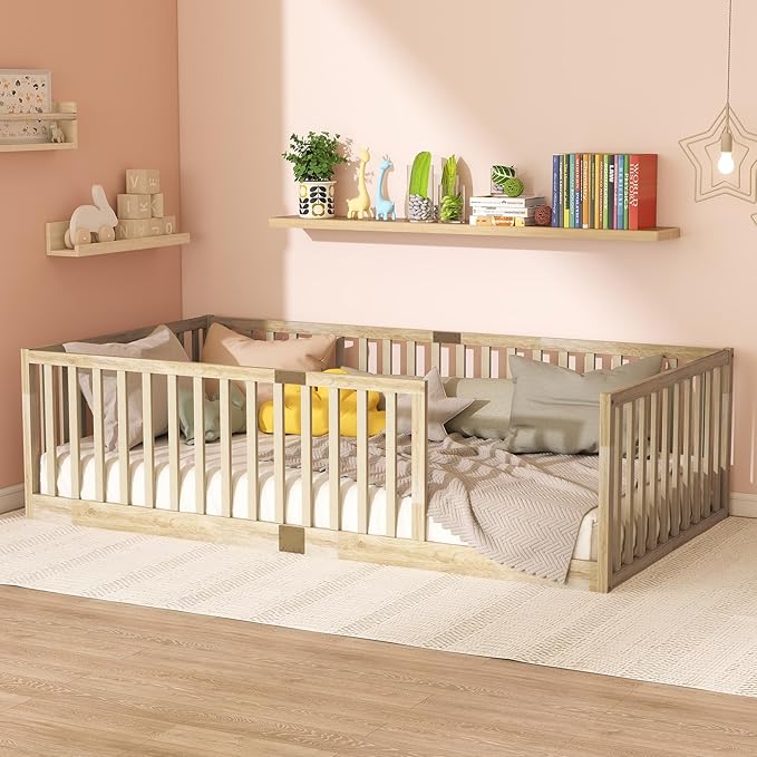 Bellemave Twin Size Montessori Floor Bed with 21.5" High Rails, Rubber Wood Twin Floor Bed with Slats, Natural