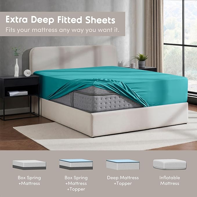Nestl 2 Pack Teal Fitted Sheet Extra Deep Pocket, Hotel Luxury TwinFitted Sheet Only Easily Fits 18 to 24 Inch Mattress, Super Soft, Wrinkle-Free and Breathable with Corner Straps