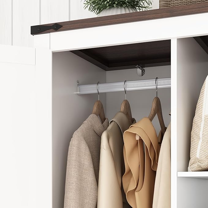 Hlivelood 2 Doors Wardrobe Armoire Closet with Doors and Drawers, Farmhouse Wooden Armoire Storage Cabinet with Shelves & Hanging Rod for Bedroom, White