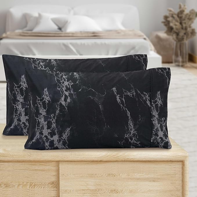 Elegant Comfort Luxury Ultra-Soft 2-Piece Pillowcase Set - 1500 Premium Hotel Quality Microfiber Double Brushed - Wrinkle Resistant, Standard/Queen, Marble Pattern Black