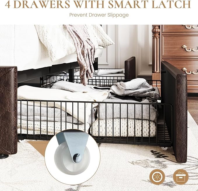SHA CERLIN Upholstered Queen Size Platform Bed Frame with 4 Storage Drawers, Adjustable Headboard with Diamond Stitched Button Tufted Design, Wooden Slat Support, No Box Spring Needed, Black Brown