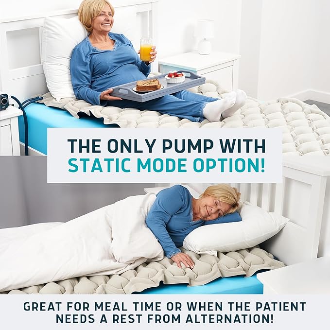 Lunderg Alternating Air Pressure Mattress Pad with Static Mode & Flocking Add-on - Comfortable Bed Sore Prevention - Includes Mattress Topper for Hospital Bed or Home & Quiet Pump - Doctor Recommended