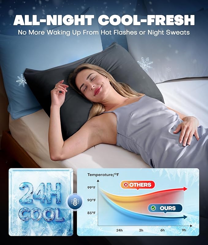 Ultra-Chill Cooling Pillowcase Set of 2 for Hot Sleepers, Softer Than Silk Pillow Cases for Protecting Hair & Skin, Breathable Bed Pillow Covers w/Zipper, Gifts for Women Men(Dark Gray, King)