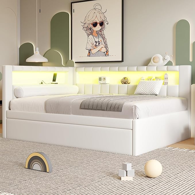 Merax Modern Upholstered Platform Bed Frame with USB Ports & Trundle Bed, Floor Sofa Day Bed with Storage Headboard, No Box Spring Needed/Easy Assemble/Full,White