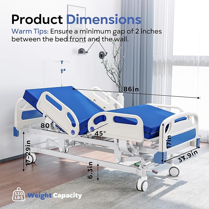 Premium Full Electric Hospital Bed for Home Use, 5 Function Medical Bed with 4.7” Foam Mattress, Height Adjustable, Central Locking System, Includes Sheets (2X) (5 Function)