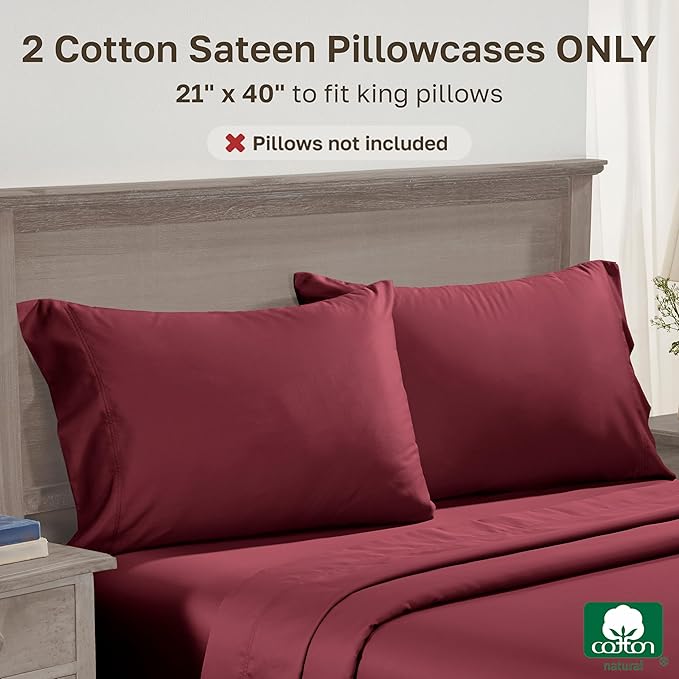 California Design Den King Size Pillow Cases Set of 2 - Luxuriously Soft Premium 600 Thread Count Sateen, 100% Cotton, Crisp Sateen, Fits King Pillows - Brick Red