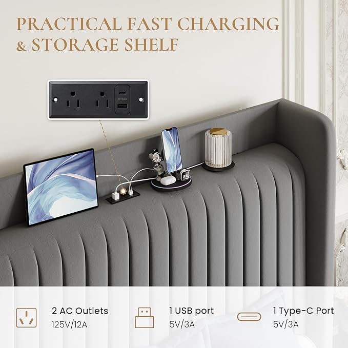 SHA CERLIN Full Size Velvet Bed Frame with USB Charging Station, Wingback Storage Headboard, Upholstered Platform Bed with Wooden Slats Support, No Box Spring Needed, Easy Assembly, Grey