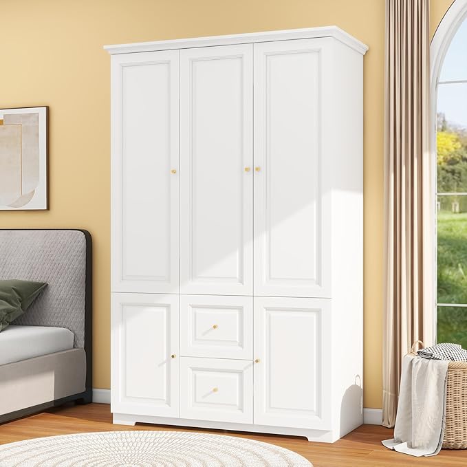 Armoire Wardrobe Closet with 3 Drawers: 74" White Wardrobe Closet with 3 Doors, Large Wardrobes Closets for Hanging Clothes, Bedroom Armoires and Wardrobes